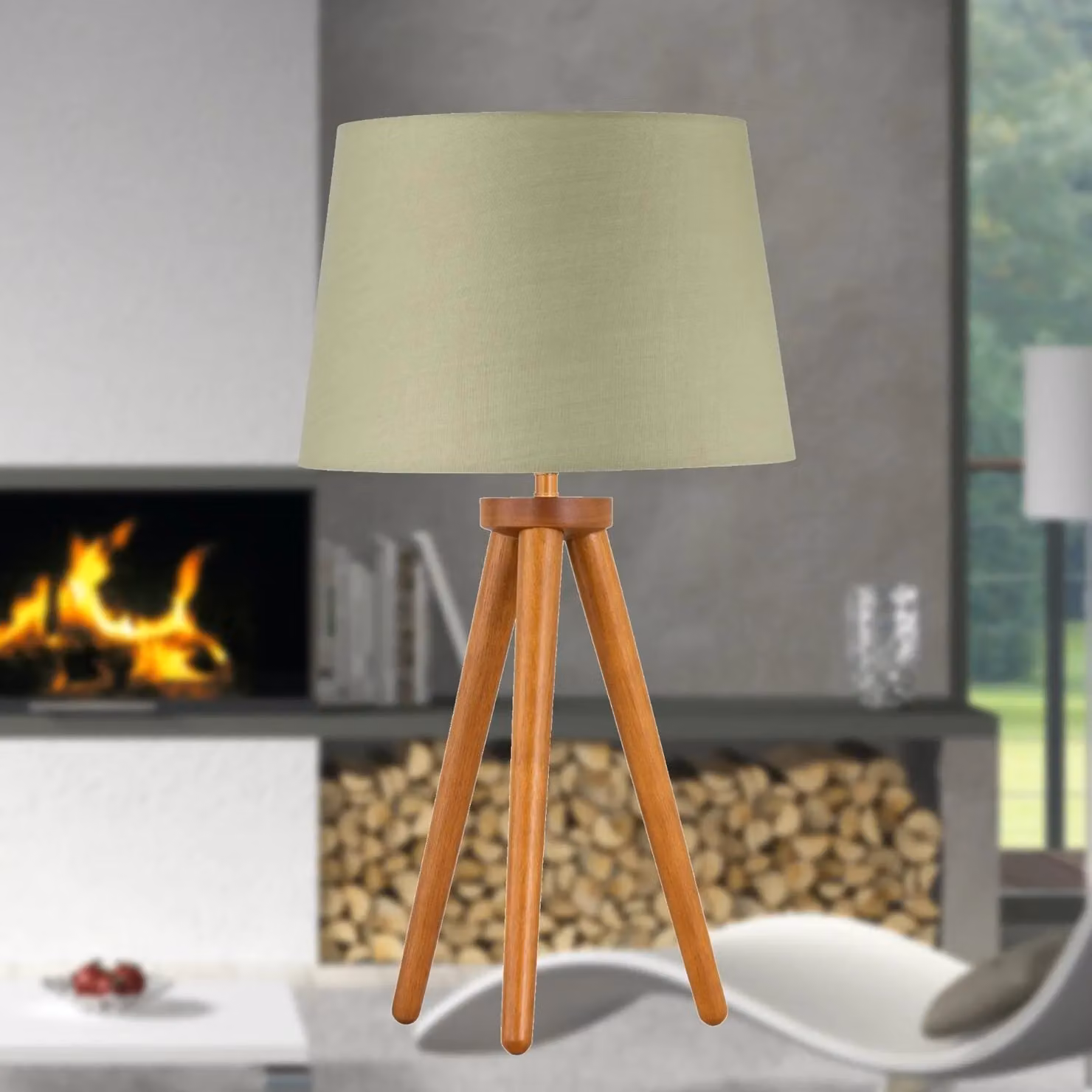 First Choice Lighting Voyage Table Lamp with Sage Green Fabric Shade and Brown Wood Base – 2