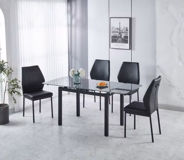 Modernique Sintered Stone Top Extending Dining Table and 4 Faux Leather Chairs Set in Black