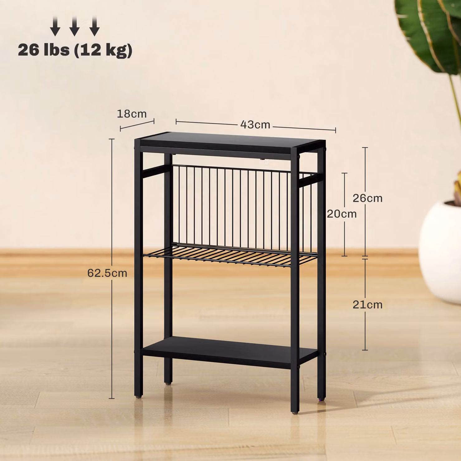 HOMCOM Industrial Steel Bedside Table with Three Shelves, Black, H x W x D: 62.5 x 43 x 18 cm – 3