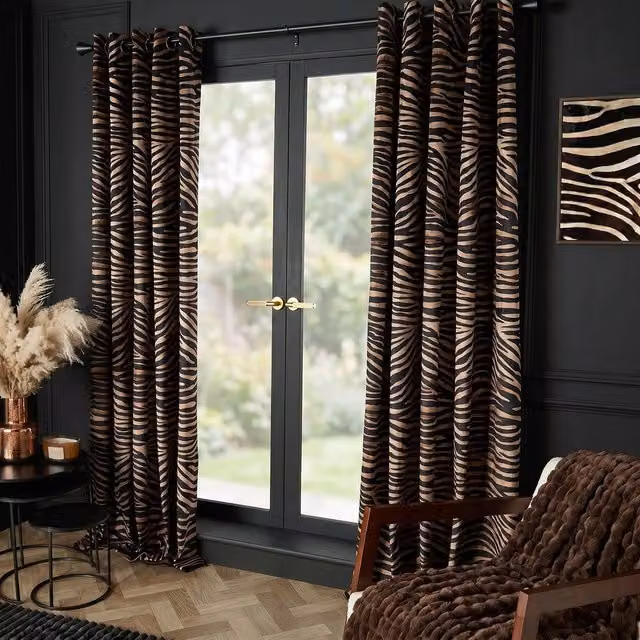 OHS Pair of Zebra Print Matte Velvet Eyelet Blackout Curtains in Black, Width: 168 cm, Drop: 229 cm – 1