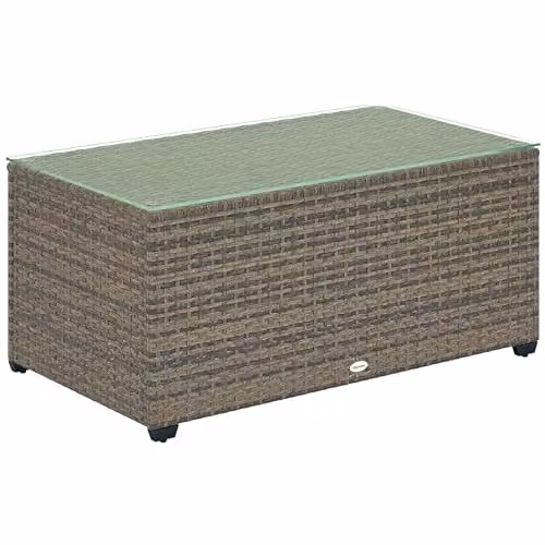 Outsunny Outdoor Rattan Coffee Table with Glass Top, Dark Grey, W/D/H: 90 x 50 x 38 cm