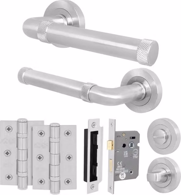AFIT Satin Nickel Bathroom Door Handle Set in Silver with Lock and Hinges