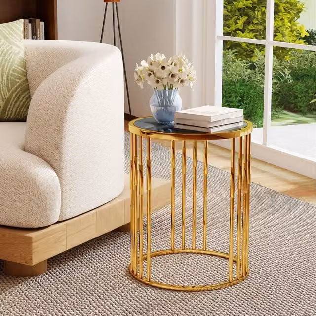 COSTWAY Modern Round Glass Side Table in Gold