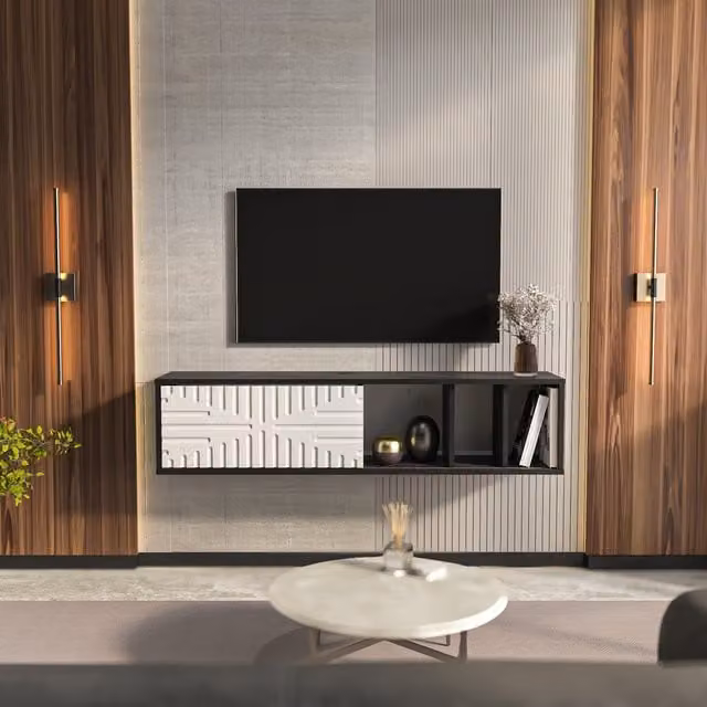 Decorotika Teo Floating TV Unit in Black Marble Effect and White