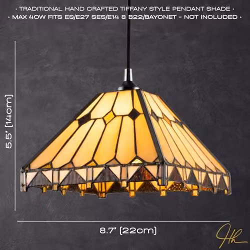 Happy Homewares Art Deco Amber and Gold Tiffany Glass Pendant Light Shade, W: 22 cm, H: 14 cm – 4