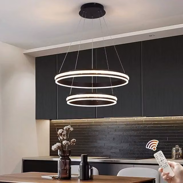 Garwarm Modern Dimmable LED 2 Ring Tiered Chandelier with Acrylic Crystal in Black, Diameter: 60 cm