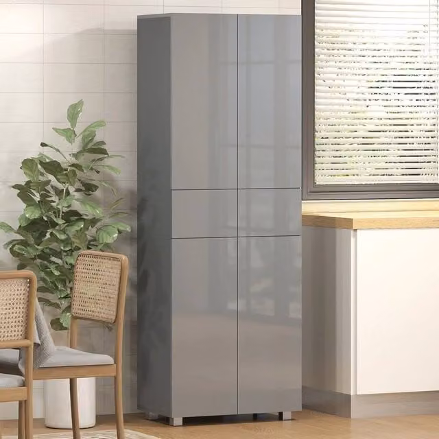 EONLION Modern Grey Glossy Kitchen Tall Storage Cabinet with Hinged Doors and Drawers – 1