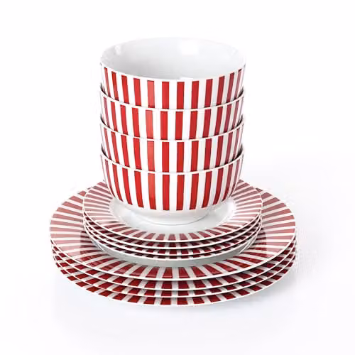Waterside 12-Piece Red Striped Porcelain Dinner Set – 1