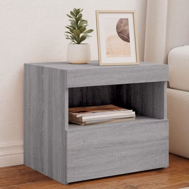 Berkfield Home Set of 2 Modern Grey Sonoma Bedside Cabinets with Integrated LED Lights, W/D/H: 50 x 40 x 45 cm