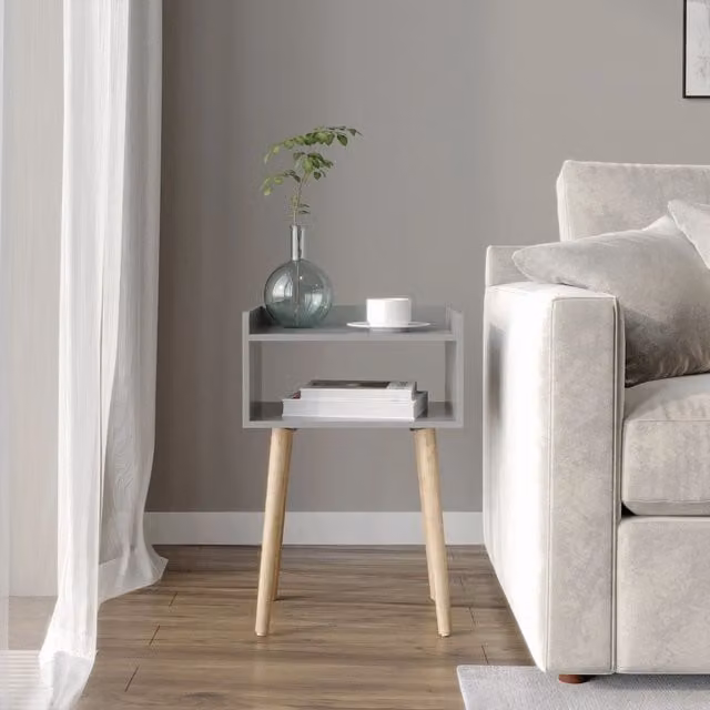 EONLION Grey Bedside Table with 2 Shelves and Solid Pinewood Legs, W: 30.0 cm, D: 40.0 cm, H: 60.0 cm