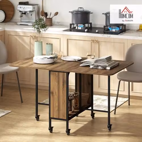 HOMCOM Mobile Folding Dining Table for 6, Brown Wood Grain Drop Leaf Extendable Design with Castors, W/D/H: 130 x 80 x 74 cm – 2