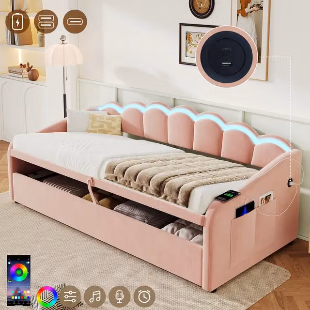 Pink Velvet Petal-Shaped Single Daybed with Lift-Up Storage, USB Charging Port and Under-Bed Lighting, W/D/H: 90 x 200 cm