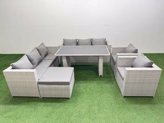 Fimous 9 Seater Outdoor Dining Set with 3 Seater Sofa and Large Stool in Light Grey