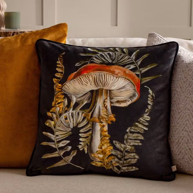 Wylder Nature Kielder Forest Hatfield Mushroom Piped Chenille Velvet Cushion in Black, W/D/H: 43 x 43 x 43 cm