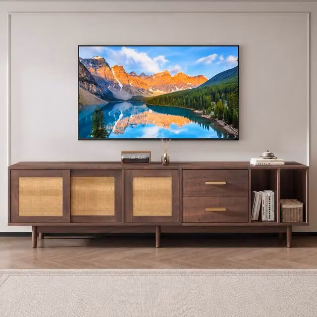 Merax Walnut TV Stand Media Unit with Rattan Sliding Doors and Drawers, Brown, W: 190 cm, D: 40 cm, H: 52 cm