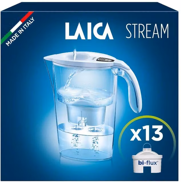 LAICA Stream Line Water Filter Jug and 13 Bi-flux Cartridges, White, 2.3 l – 4