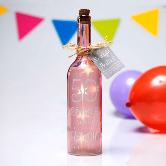 Boxer Gifts SB1250 Light-Up LED 50th Birthday Starlight Glass Bottle, Pink, H 29.5 cm x W 6.7 cm