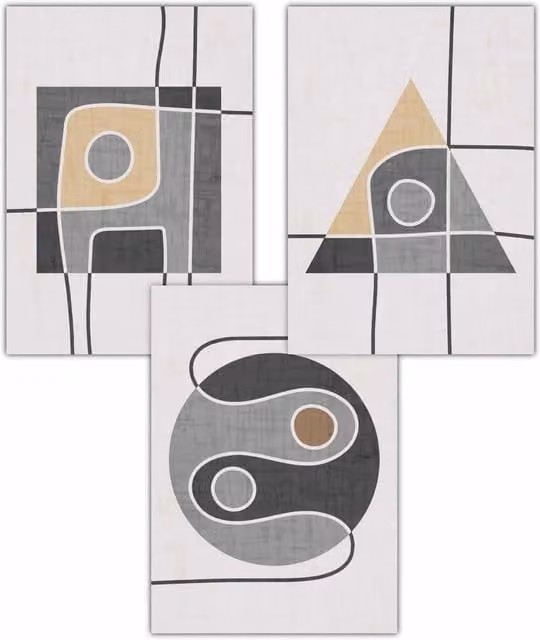 ARTZE Set of 3 Mid Century Abstract Geometric Graphic Paper Posters in Grey, Yellow and Black, W: 42 cm, H: 59 cm
