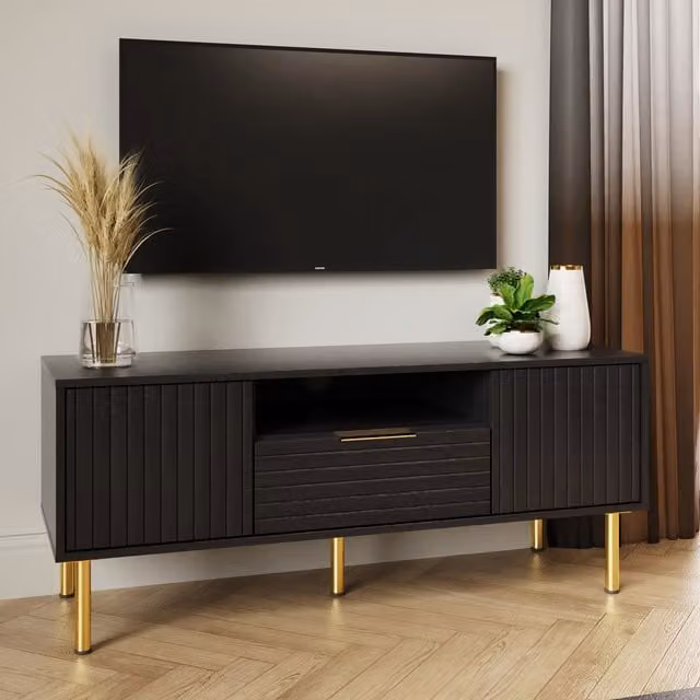 GFW Nervata Art Deco TV Unit in Black and Gold with Matt Striped Finish