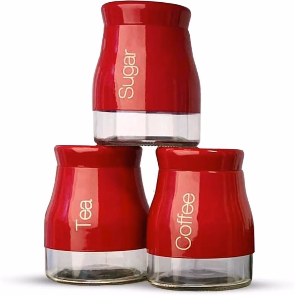 PAWNORA Set of 3 Red Glass Kitchen Storage Canisters with Screw Lids – 3