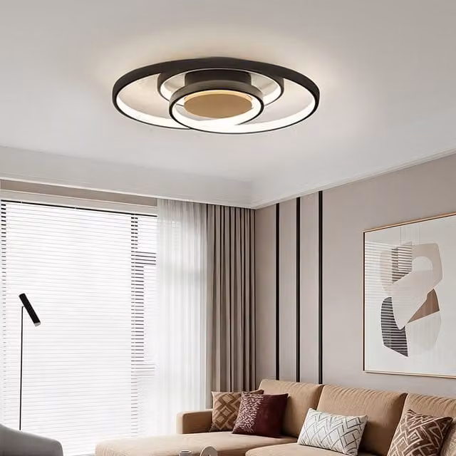 Livingandhome Modern 3-Light LED Ring Ceiling Light in Black and Wood