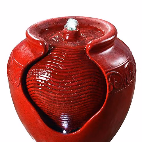 Teamson Home Red Cascading Water Feature with LED Lights, Square Polyresin and Ceramic Outdoor Garden Fountain, H 43.0 x W 39.0 x D 39.0 cm – 4