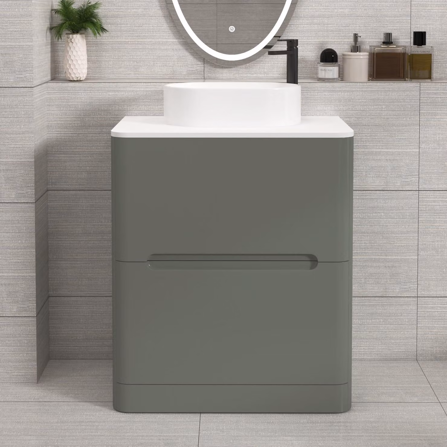 Royal Bathrooms Venice 700mm Sage Green Floor Standing Vanity Unit with 2 Drawers, Plain White Worktop and Peak Basin