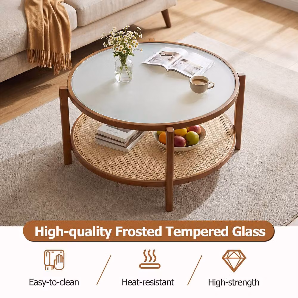 Gymax Round 2-Tier Rattan and Acacia Wood Coffee Table with Glass Top in Brown – 5
