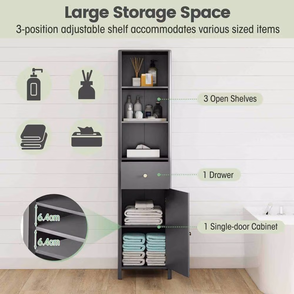 Costway Grey Wooden Narrow Bathroom Floor Cabinet with Fluted Hinged Doors, H 170 x W 40 x D 30 cm – 6