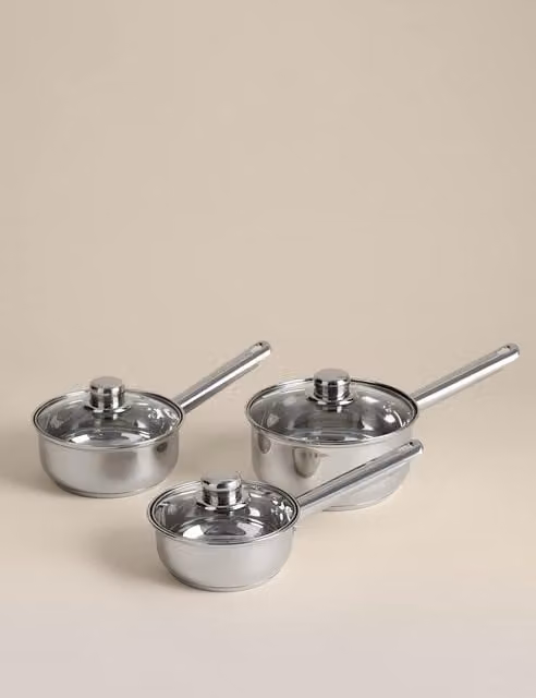 M&S 3 Piece Stainless Steel Saucepan Set with Lids, Silver