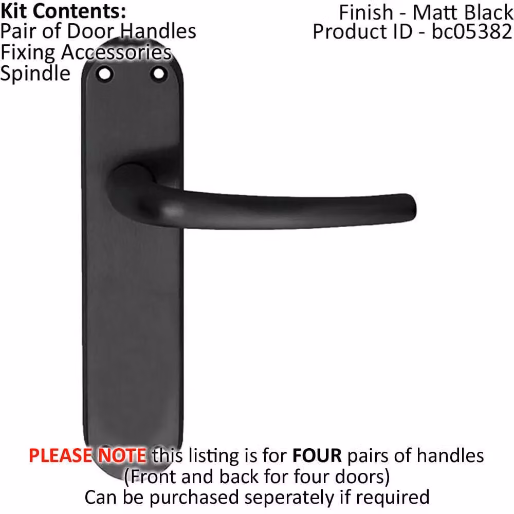 Loops 4x Pair Slim Round Bar Handles with Shaped Latch Backplate, Matt Black, 185 x 40 mm – 2
