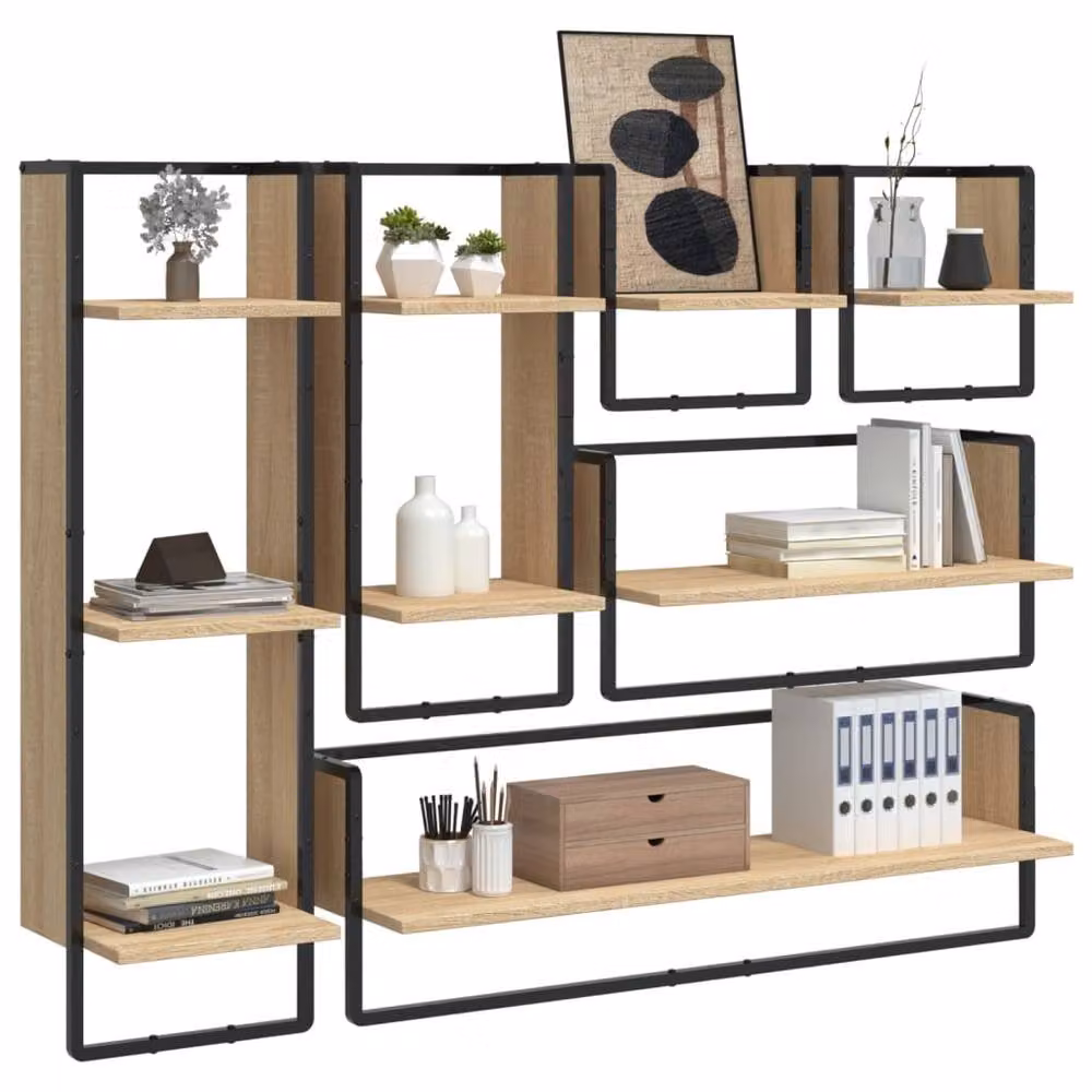 Berkfield Home 6 Piece Wall Mounted Shelf Set with Hanging Rods in Sonoma Oak Brown – 3