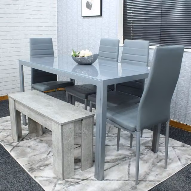 KOSY KOALA Modern Rectangular Glass Dining Table Set with 4 Grey Chairs and 1 Brown Bench – 1
