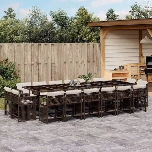 Berkfield Home 17 Piece Brown Poly Rattan Garden Dining Set with Cushions and Glass Tabletop – 1