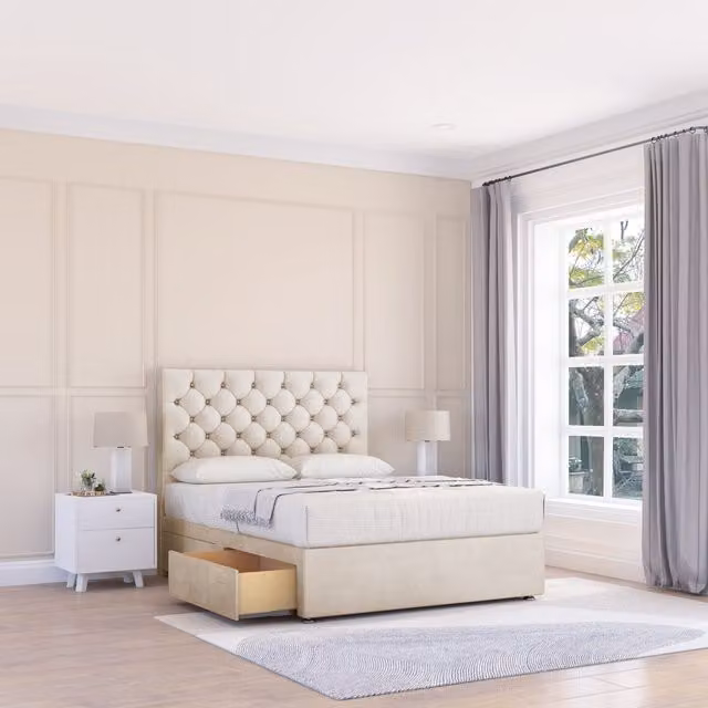 Sloomy Mayfair Chesterfield Divan Bed Base with 2 Drawers and Upholstered Headboard in Beige, W/D/H: 140 x 200 cm