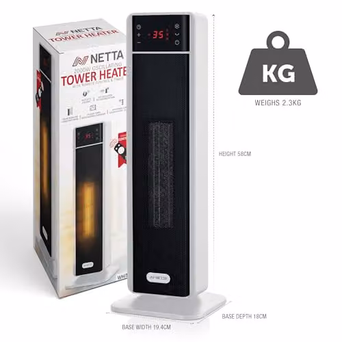 Netta 2000W Electric Ceramic Tower Fan Heater in Black and White – 6