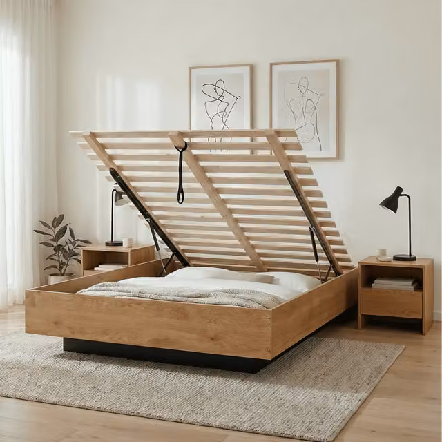 Noa and Nani Koping Double 4ft6 Gas Lift Ottoman Bed with Underbed Storage in Brown Pine Wood, 140 x 200 cm