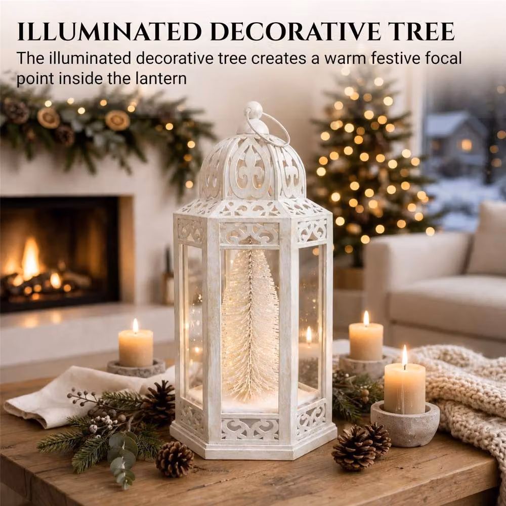 Shatchi White Hexagonal Vintage LED Christmas Tabletop Lantern, Height: 30 cm – 5