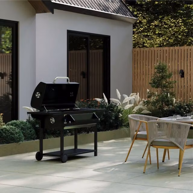 Charles Bentley Ottimo 635 Charcoal BBQ Grill in Black and Grey with Built-In Thermometer, Dual Side Tables, Hanging Storage Basket, Adjustable Charcoal Height, Removable Ash Tray and Wheels, W/D/H: 164 x 108 x 91.5 cm