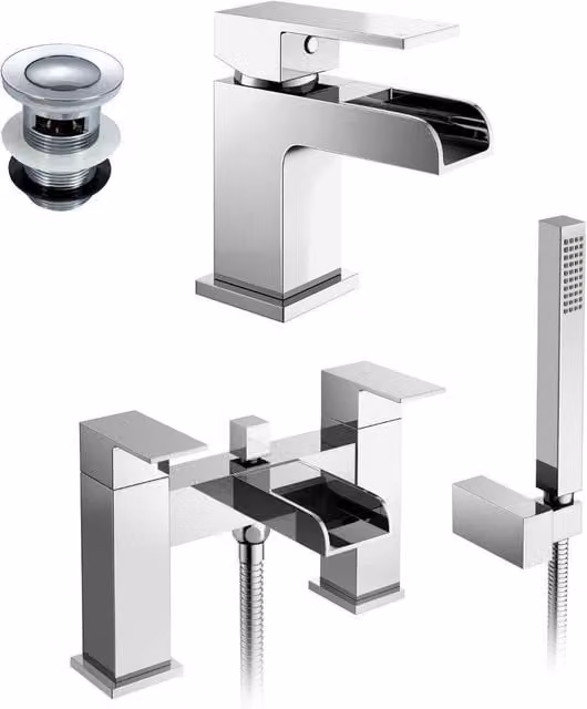 Nes Home Ozone Chrome Silver Bathroom Basin Mono Mixer Tap, Bath Filler Mixer Tap and Pop-Up Waste Set – 1