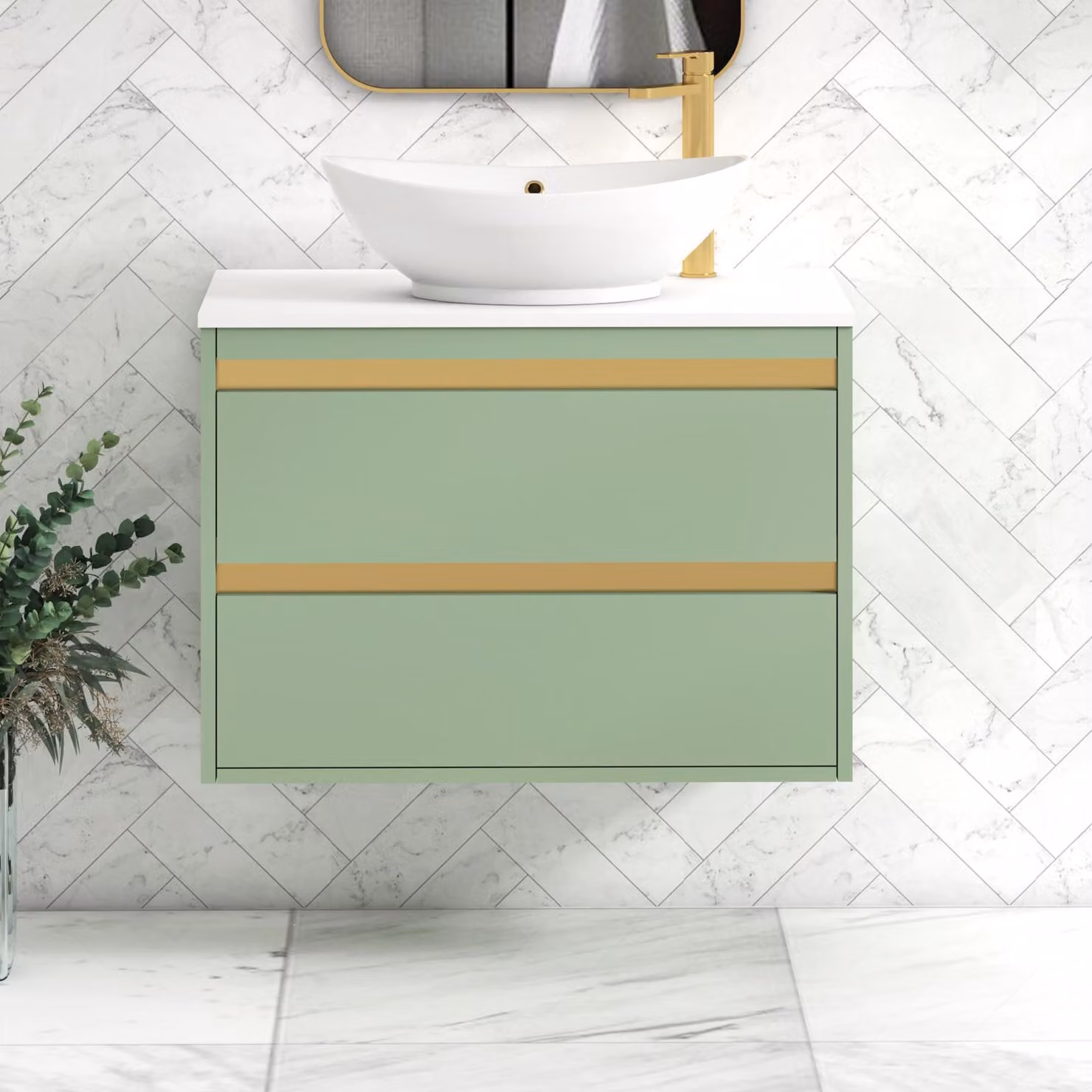 Royal Bathrooms Orion 800mm Wall Hung Vanity Unit with Amaze Basin in Mint Sage and White with Brushed Brass Accents