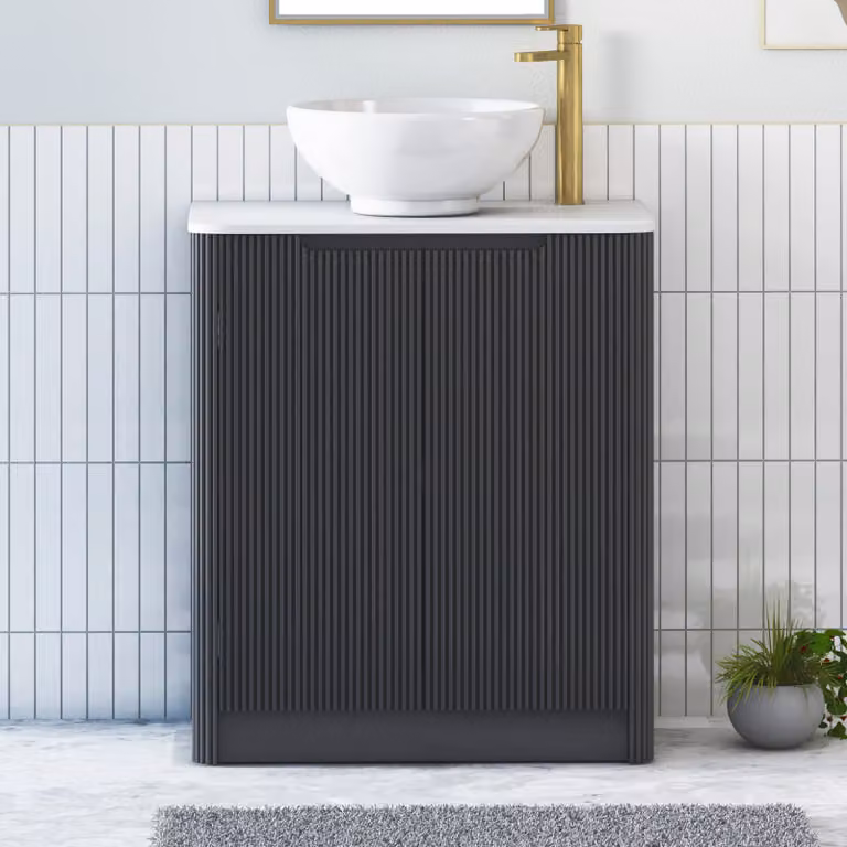 Royal Bathrooms Avenza 600mm Floor Standing 2 Door Vanity Unit in Matt Obsidian Black with Plain White Worktop and Breeze Basin
