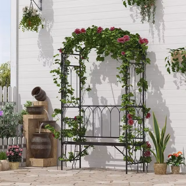 OUTSUNNY Metal Garden Arbour Bench and Plant Climbing Support Trellis in Black