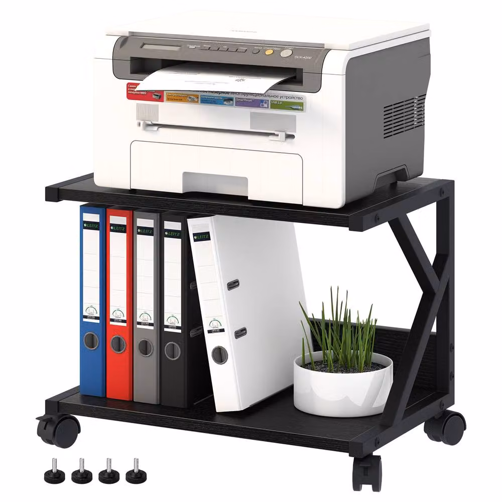 Huhote 2-Tier Wooden Desktop Printer Stand with Wheels and Storage in Black – 4