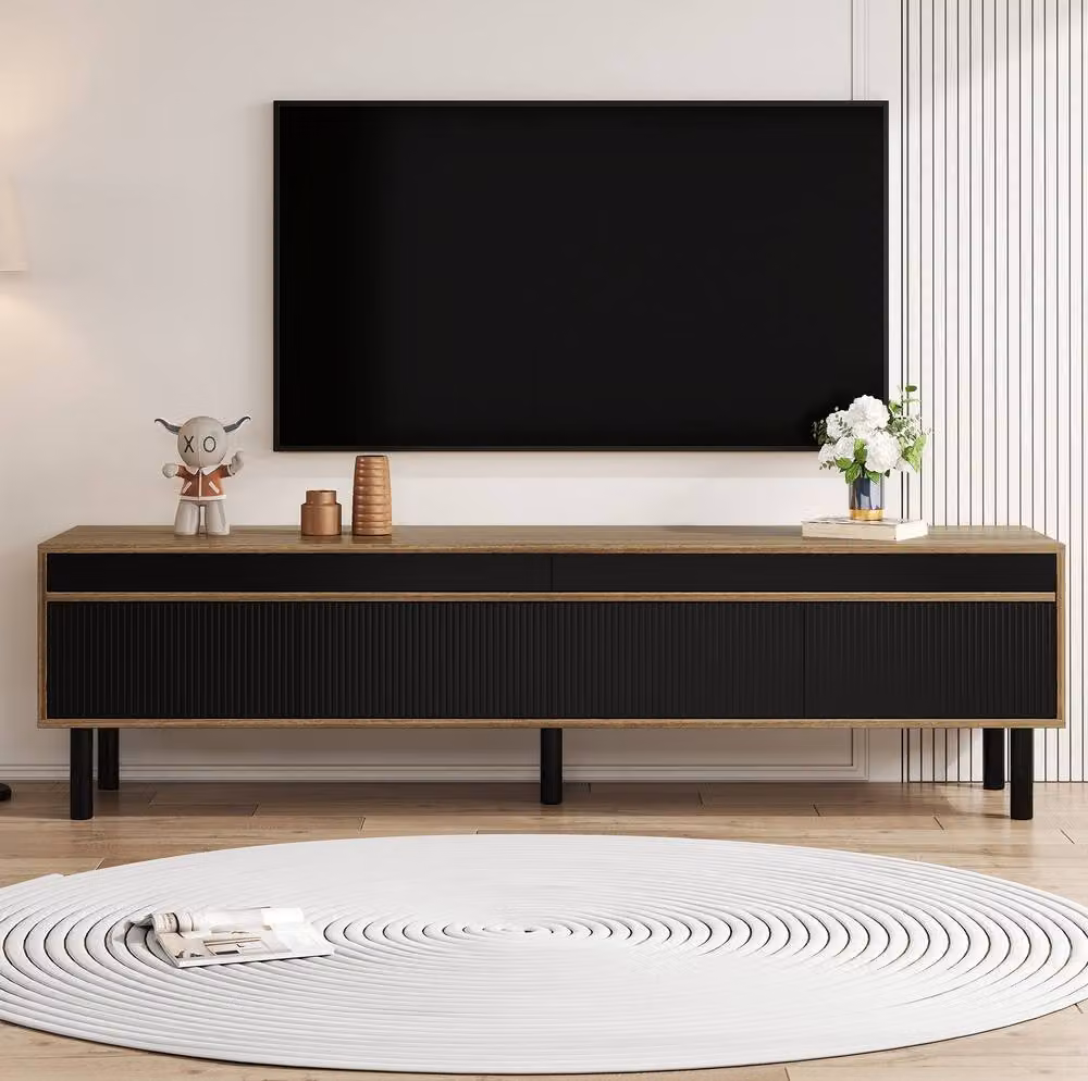 STILVORA Modern TV Unit with Four Doors and Wooden Legs in Black and Natural Matt Finish – 2