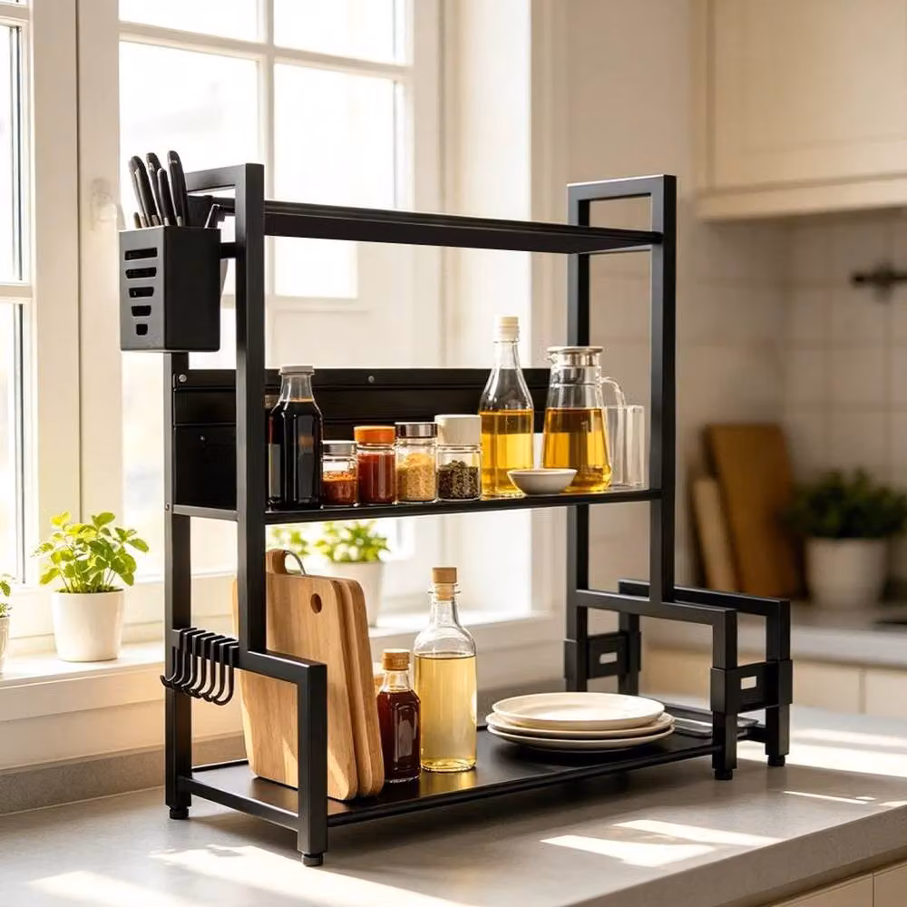 EONLION 3-Tier Black Metal Freestanding Spice Rack and Kitchen Storage Holder, Width: 100 cm – 3