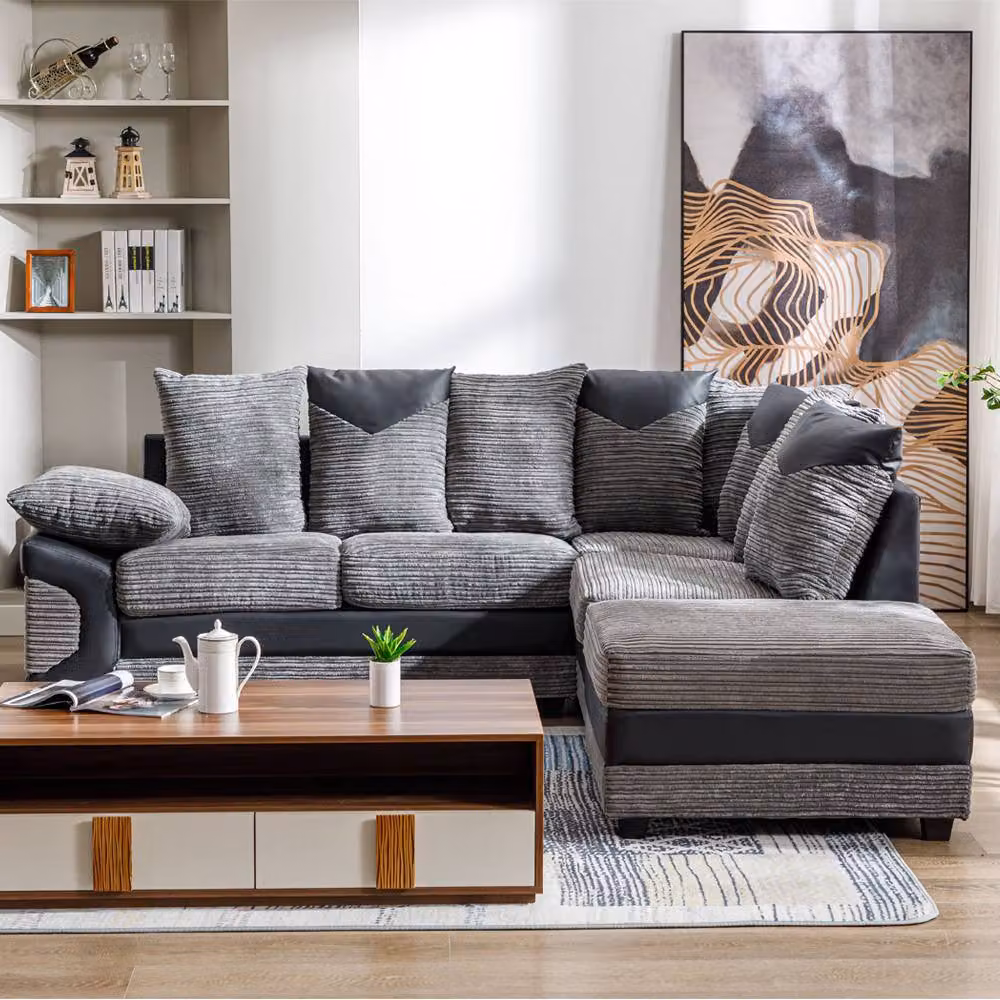 SquareBoxx Luca Grey Jumbo Cord Corner Sofa with Right Chaise and Black Leather Trim – 4
