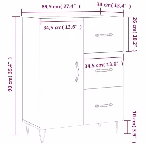 vidaXL Black Matt Sideboard in Engineered Wood W/D/H: 69.5 x 34 x 90 cm – 3