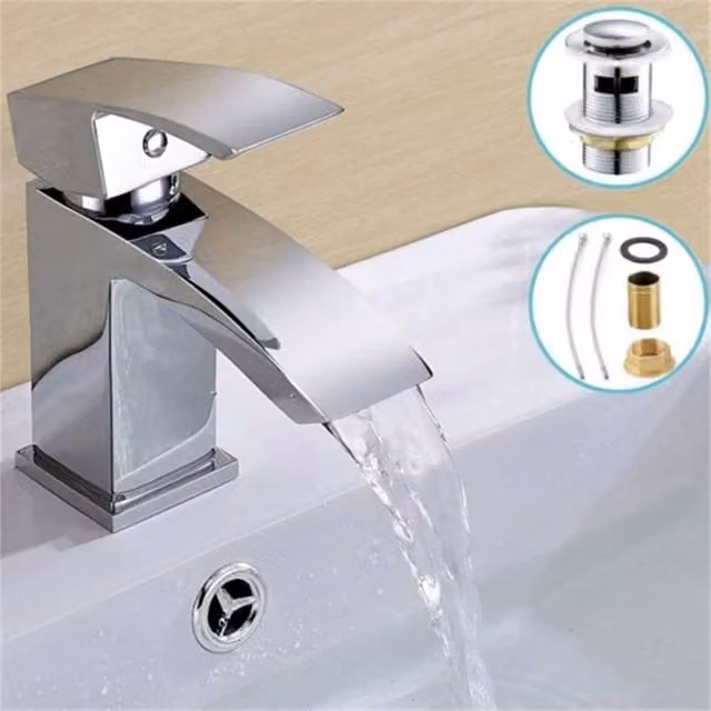 Nordara Waterfall Bathroom Basin Mixer Tap in Chrome with Pop-up Waste and Single Lever Control