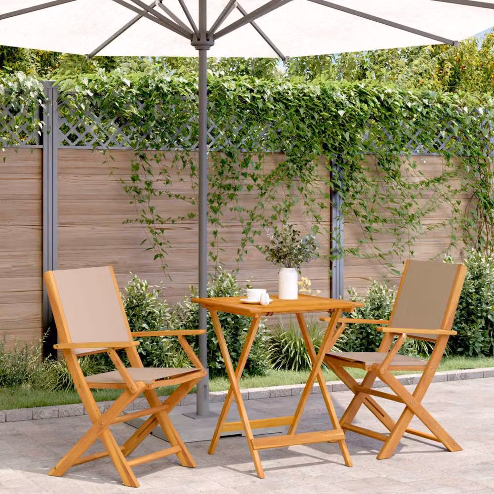 Berkfield Home Beautiful 3 Piece Bistro Set in Beige Polyester Fabric and Oiled Acacia Wood, W/D/H: 60 x 60 x 75 cm – 1